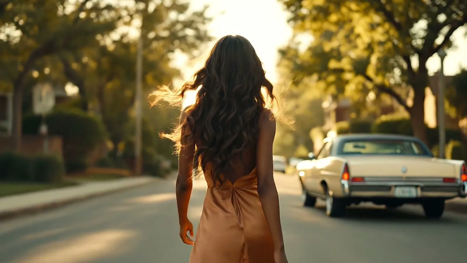 A woman with long waves walks away down a tree-lined street
